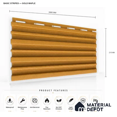 Gold Maple 10 ft x 0.89 ft (3060x270 mm) Stripes Design Interior & Exterior Wall & Ceiling Panel - 20 mm | Suitable for Balcony, Facade & Open Area | Width is Subjected to 5% Variation