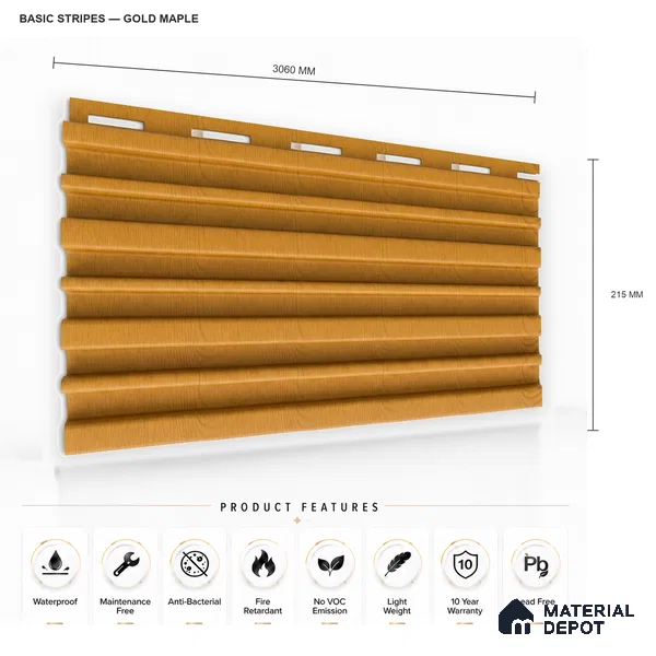 Gold Maple 10 ft x 0.89 ft (3060x270 mm) Stripes Design Interior & Exterior Wall & Ceiling Panel - 20 mm | Suitable for Balcony, Facade & Open Area | Width is Subjected to 5% Variation