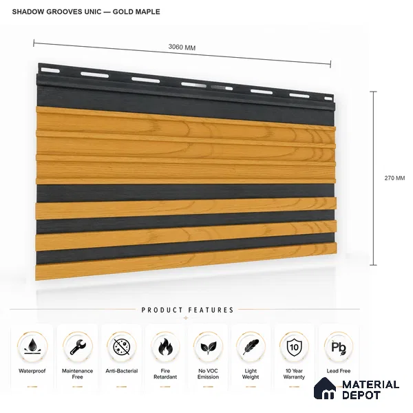 Gold Maple 10 ft x 0.89 ft (3060x270 mm) Unic Dual Tone Design Interior & Exterior Wall & Ceiling Panel - 15 mm | Suitable for Balcony, Facade & Open Area | Width is Subjected to 5% Variation