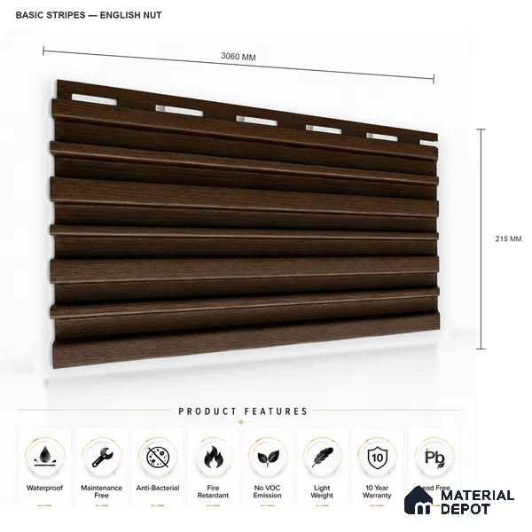 English Nut 10 ft x 0.89 ft (3060x270 mm) Stripes Design Interior & Exterior Wall & Ceiling Panel - 20 mm | Suitable for Balcony, Facade & Open Area | Width is Subjected to 5% Variation