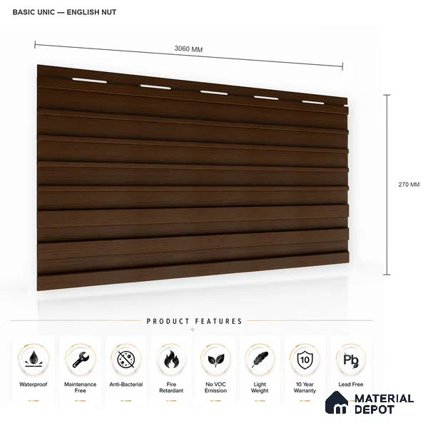English Nut 10 ft x 0.89 ft (3060x270 mm) Unic Design Interior & Exterior Wall & Ceiling Panel - 15 mm | Suitable for Balcony, Facade & Open Area | Width is Subjected to 5% Variation