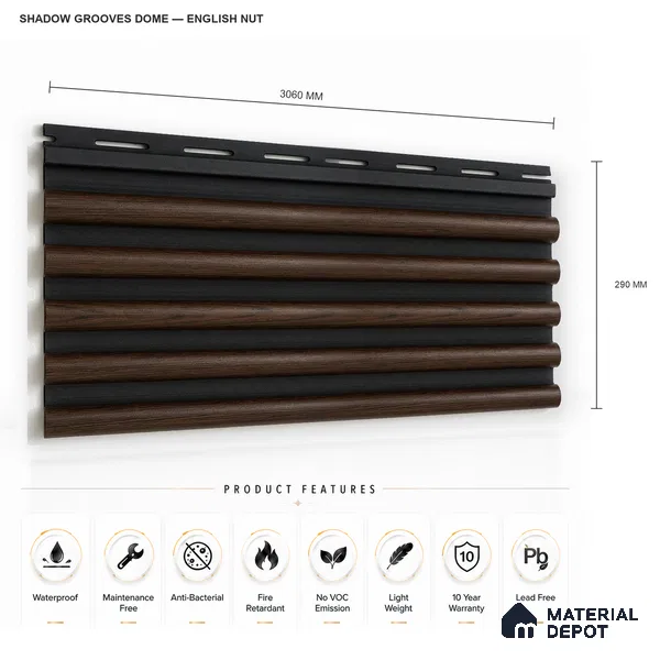 English Nut 10 ft x 0.7 ft (3060x215 mm) Dome Dual Black Design Interior & Exterior Wall & Ceiling Panel - 20 mm | Suitable for Balcony, Facade & Open Area | Width is Subjected to 5% Variation