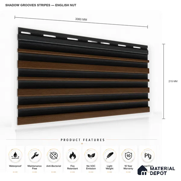 English Nut 10 ft x 0.89 ft (3060x270 mm) Stripes Dual Tone Design Interior & Exterior Wall & Ceiling Panel - 20 mm | Suitable for Balcony, Facade & Open Area | Width is Subjected to 5% Variation