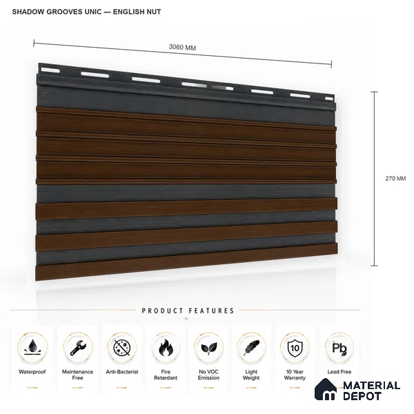 English Nut 10 ft x 0.89 ft (3060x270 mm) Unic Dual Tone Design Interior & Exterior Wall & Ceiling Panel - 15 mm | Suitable for Balcony, Facade & Open Area | Width is Subjected to 5% Variation