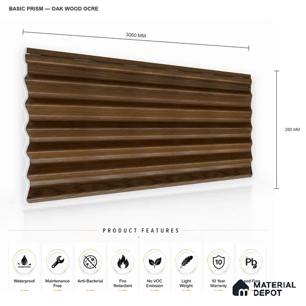 Oak Wood Ocre 10 ft x 0.85 ft (3060x260 mm) Prism Design Interior & Exterior Wall & Ceiling Panel - 21 mm | Suitable for Balcony, Facade & Open Area | Width is Subjected to 5% Variation