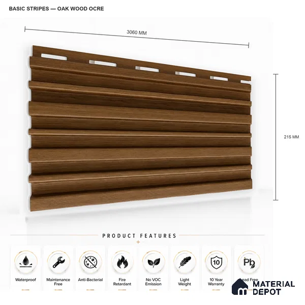 Oak Wood Ocre 10 ft x 0.89 ft (3060x270 mm) Stripes Design Interior & Exterior Wall & Ceiling Panel - 20 mm | Suitable for Balcony, Facade & Open Area | Width is Subjected to 5% Variation