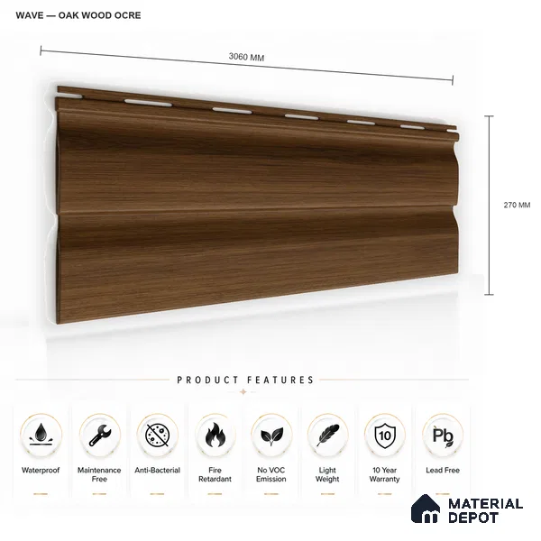 Oak Wood Ocre 10 ft x 0.89 ft (3060x270 mm) Wave Design Interior & Exterior Wall & Ceiling Panel - 16 mm | Suitable for Balcony, Facade & Open Area | Width is Subjected to 5% Variation