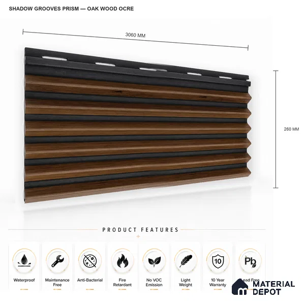 Oak Wood Ocre 10 ft x 0.85 ft (3060x260 mm) Prism Dual Tone Design Interior & Exterior Wall & Ceiling Panel - 21 mm | Suitable for Balcony, Facade & Open Area | Width is Subjected to 5% Variation