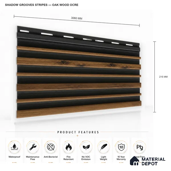 Oak Wood Ocre 10 ft x 0.89 ft (3060x270 mm) Stripes Dual Tone Design Interior & Exterior Wall & Ceiling Panel - 20 mm | Suitable for Balcony, Facade & Open Area | Width is Subjected to 5% Variation