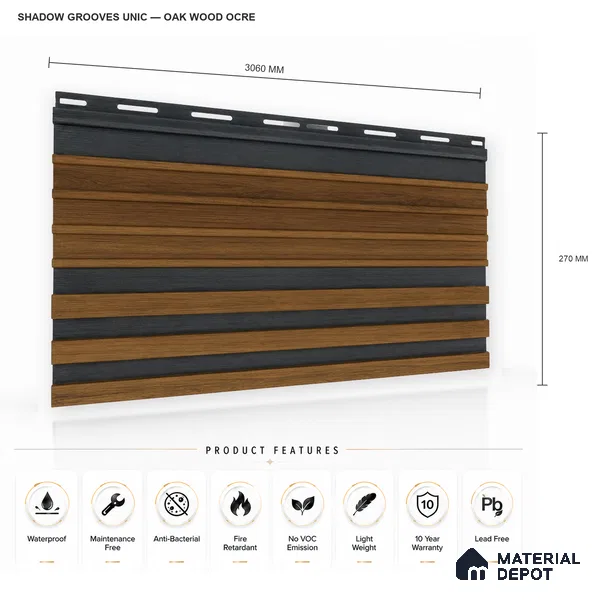 Oak Wood Ocre 10 ft x 0.89 ft (3060x270 mm) Unic Dual Tone Design Interior & Exterior Wall & Ceiling Panel - 15 mm | Suitable for Balcony, Facade & Open Area | Width is Subjected to 5% Variation