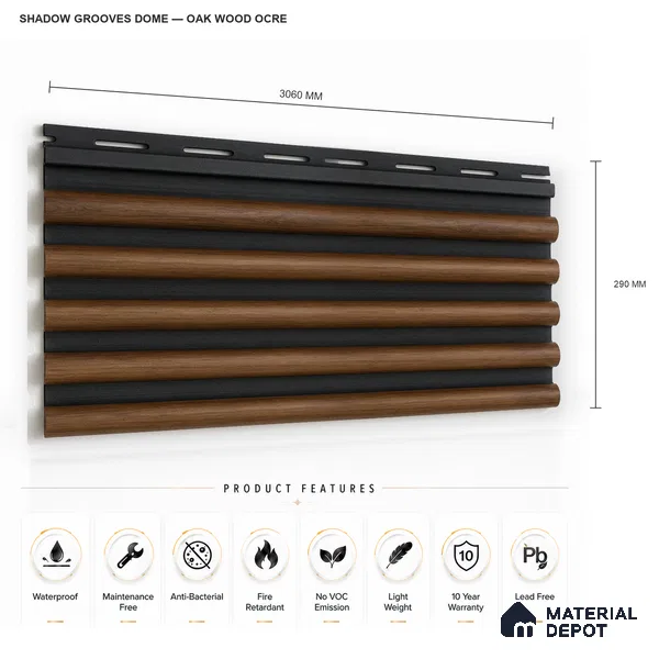 Oak Wood Ocre 10 ft x 0.7 ft (3060x215 mm) Dome Dual Black Design Interior & Exterior Wall & Ceiling Panel - 20 mm | Suitable for Balcony, Facade & Open Area | Width is Subjected to 5% Variation