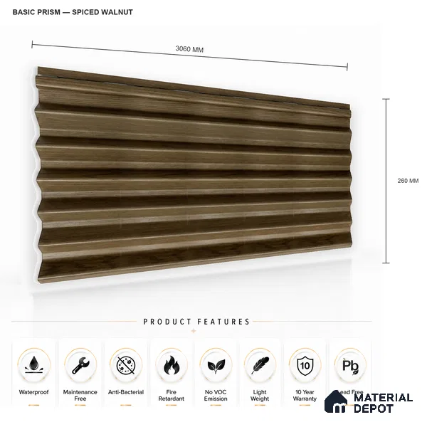 Spiced Walnut 10 ft x 0.85 ft (3060x260 mm) Prism Design Interior & Exterior Wall & Ceiling Panel - 21 mm | Suitable for Balcony, Facade & Open Area | Width is Subjected to 5% Variation