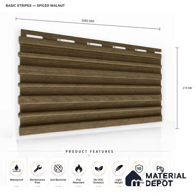 Spiced Walnut 10 ft x 0.89 ft (3060x270 mm) Stripes Design Interior & Exterior Wall & Ceiling Panel - 20 mm | Suitable for Balcony, Facade & Open Area | Width is Subjected to 5% Variation