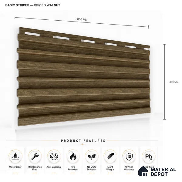 Spiced Walnut 10 ft x 0.89 ft (3060x270 mm) Stripes Design Interior & Exterior Wall & Ceiling Panel - 20 mm | Suitable for Balcony, Facade & Open Area | Width is Subjected to 5% Variation