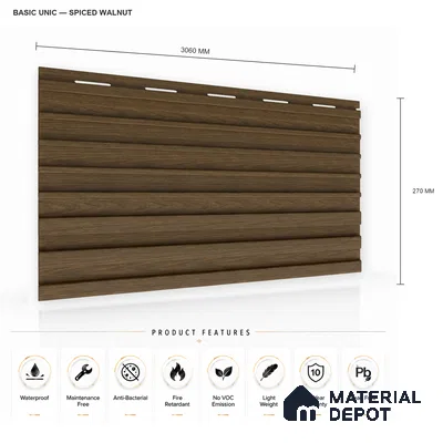 Spiced Walnut 10 ft x 0.89 ft (3060x270 mm) Unic Design Interior & Exterior Wall & Ceiling Panel - 15 mm | Suitable for Balcony, Facade & Open Area | Width is Subjected to 5% Variation