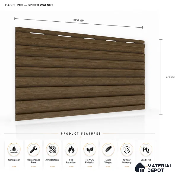 Spiced Walnut 10 ft x 0.89 ft (3060x270 mm) Unic Design Interior & Exterior Wall & Ceiling Panel - 15 mm | Suitable for Balcony, Facade & Open Area | Width is Subjected to 5% Variation