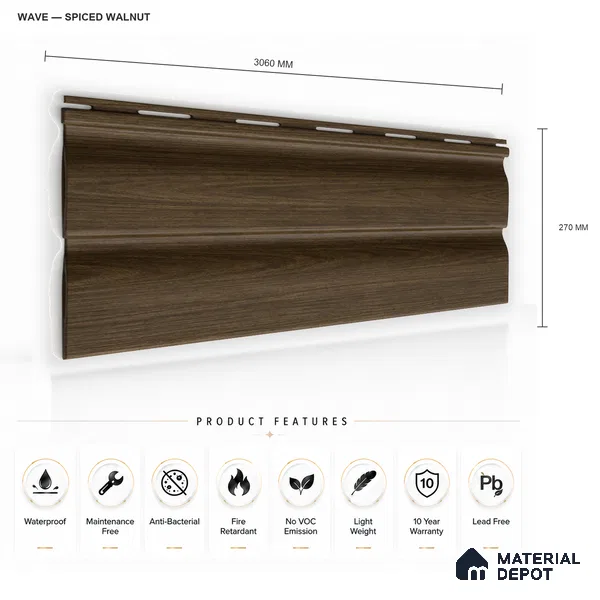 Spiced Walnut 10 ft x 0.89 ft (3060x270 mm) Wave Design Interior & Exterior Wall & Ceiling Panel - 16 mm | Suitable for Balcony, Facade & Open Area | Width is Subjected to 5% Variation