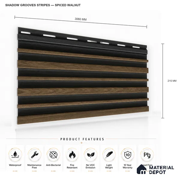Spiced Walnut 10 ft x 0.89 ft (3060x270 mm) Stripes Dual Tone Design Interior & Exterior Wall & Ceiling Panel - 20 mm | Suitable for Balcony, Facade & Open Area | Width is Subjected to 5% Variation
