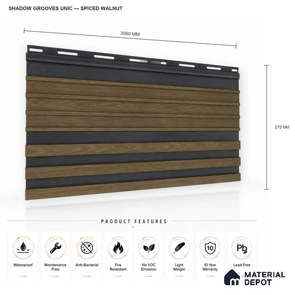 Spiced Walnut 10 ft x 0.89 ft (3060x270 mm) Unic Dual Tone Design Interior & Exterior Wall & Ceiling Panel - 15 mm | Suitable for Balcony, Facade & Open Area | Width is Subjected to 5% Variation