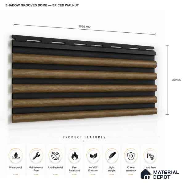 Spiced Walnut 10 ft x 0.7 ft (3060x215 mm) Dome Dual Black Design Interior & Exterior Wall & Ceiling Panel - 20 mm | Suitable for Balcony, Facade & Open Area | Width is Subjected to 5% Variation