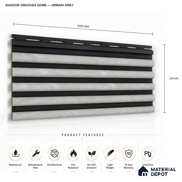 Armani Grey 10 ft x 0.7 ft (3060x215 mm) Dome Dual Black Design Interior & Exterior Wall & Ceiling Panel - 20 mm | Suitable for Balcony, Facade & Open Area | Width is Subjected to 5% Variation