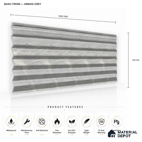 Armani Grey 10 ft x 0.85 ft (3060x260 mm) Prism Design Interior & Exterior Wall & Ceiling Panel - 21 mm | Suitable for Balcony, Facade & Open Area | Width is Subjected to 5% Variation