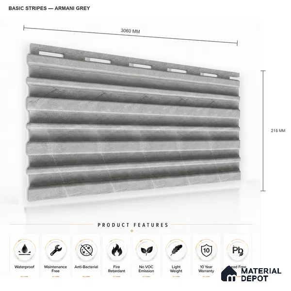 Armani Grey 10 ft x 0.89 ft (3060x270 mm) Stripes Design Interior & Exterior Wall & Ceiling Panel - 20 mm | Suitable for Balcony, Facade & Open Area | Width is Subjected to 5% Variation