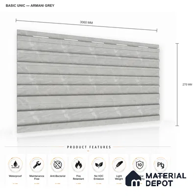 Armani Grey 10 ft x 0.89 ft (3060x270 mm) Unic Design Interior & Exterior Wall & Ceiling Panel - 15 mm | Suitable for Balcony, Facade & Open Area | Width is Subjected to 5% Variation