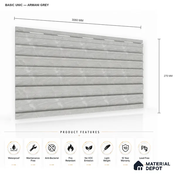 Armani Grey 10 ft x 0.89 ft (3060x270 mm) Unic Design Interior & Exterior Wall & Ceiling Panel - 15 mm | Suitable for Balcony, Facade & Open Area | Width is Subjected to 5% Variation