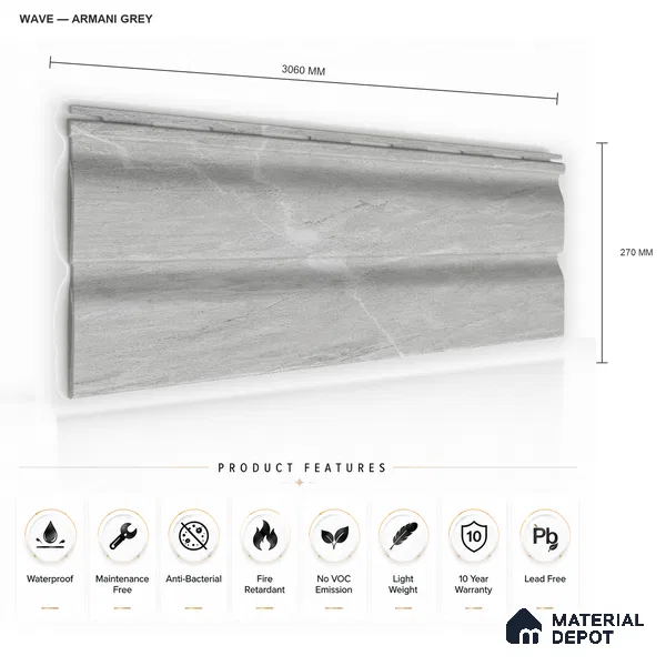 Armani Grey 10 ft x 0.89 ft (3060x270 mm) Wave Design Interior & Exterior Wall & Ceiling Panel - 16 mm | Suitable for Balcony, Facade & Open Area | Width is Subjected to 5% Variation