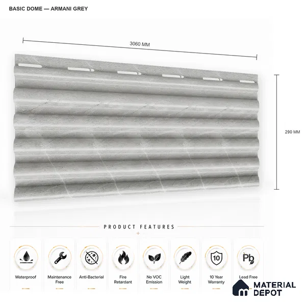 Armani Grey 10 ft x 0.7 ft (3060x215 mm) Dome Design Interior & Exterior Wall & Ceiling Panel - 20 mm | Suitable for Balcony, Facade & Open Area | Width is Subjected to 5% Variation
