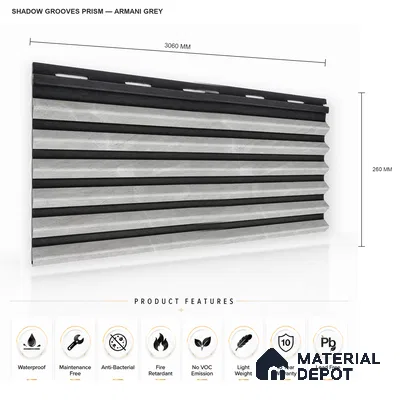 Armani Grey 10 ft x 0.85 ft (3060x260 mm) Prism Dual Tone Design Interior & Exterior Wall & Ceiling Panel - 21 mm | Suitable for Balcony, Facade & Open Area | Width is Subjected to 5% Variation