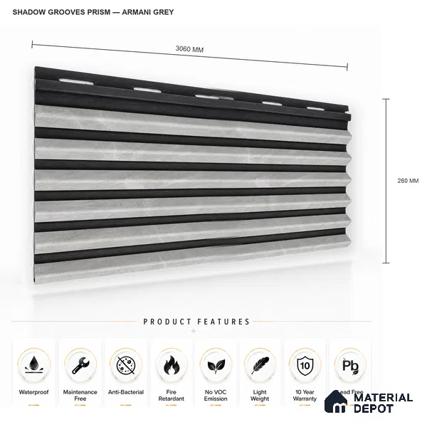 Armani Grey 10 ft x 0.85 ft (3060x260 mm) Prism Dual Tone Design Interior & Exterior Wall & Ceiling Panel - 21 mm | Suitable for Balcony, Facade & Open Area | Width is Subjected to 5% Variation