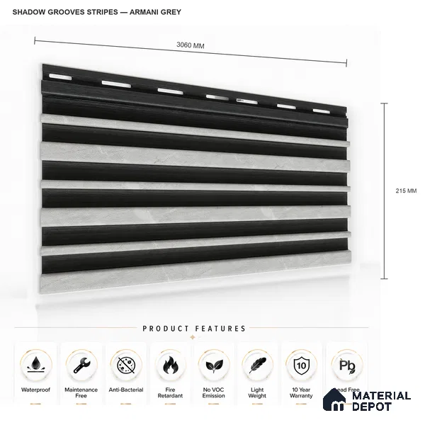 Armani Grey 10 ft x 0.89 ft (3060x270 mm) Stripes Dual Tone Design Interior & Exterior Wall & Ceiling Panel - 20 mm | Suitable for Balcony, Facade & Open Area | Width is Subjected to 5% Variation