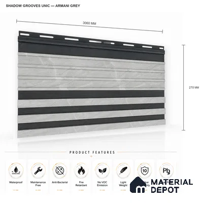 Armani Grey 10 ft x 0.89 ft (3060x270 mm) Unic Dual Tone Design Interior & Exterior Wall & Ceiling Panel - 15 mm | Suitable for Balcony, Facade & Open Area | Width is Subjected to 5% Variation
