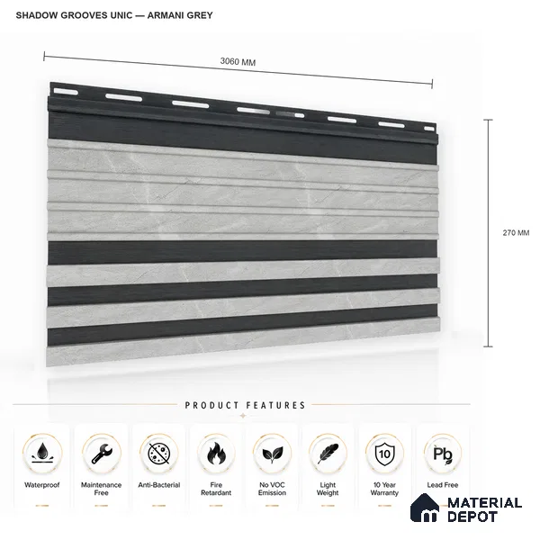 Armani Grey 10 ft x 0.89 ft (3060x270 mm) Unic Dual Tone Design Interior & Exterior Wall & Ceiling Panel - 15 mm | Suitable for Balcony, Facade & Open Area | Width is Subjected to 5% Variation