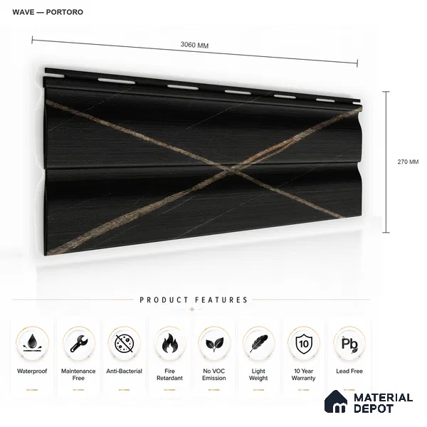 Portoro 10 ft x 0.89 ft (3060x270 mm) Wave Design Interior & Exterior Wall & Ceiling Panel - 16 mm | Suitable for Balcony, Facade & Open Area | Width is Subjected to 5% Variation