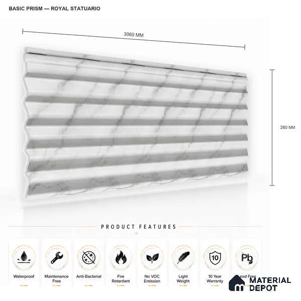Royal Statuario 10 ft x 0.85 ft (3060x260 mm) Prism Design Interior & Exterior Wall & Ceiling Panel - 21 mm | Suitable for Balcony, Facade & Open Area | Width is Subjected to 5% Variation