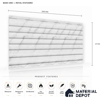 Royal Statuario 10 ft x 0.89 ft (3060x270 mm) Unic Design Interior & Exterior Wall & Ceiling Panel - 15 mm | Suitable for Balcony, Facade & Open Area | Width is Subjected to 5% Variation