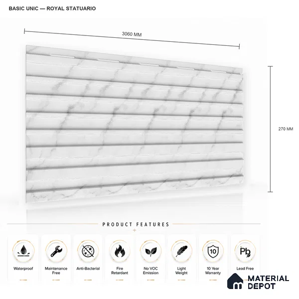 Royal Statuario 10 ft x 0.89 ft (3060x270 mm) Unic Design Interior & Exterior Wall & Ceiling Panel - 15 mm | Suitable for Balcony, Facade & Open Area | Width is Subjected to 5% Variation