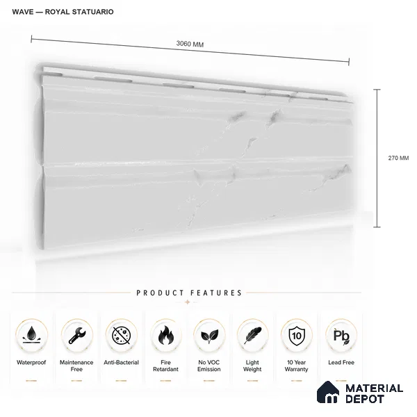Royal Statuario 10 ft x 0.89 ft (3060x270 mm) Wave Design Interior & Exterior Wall & Ceiling Panel - 16 mm | Suitable for Balcony, Facade & Open Area | Width is Subjected to 5% Variation