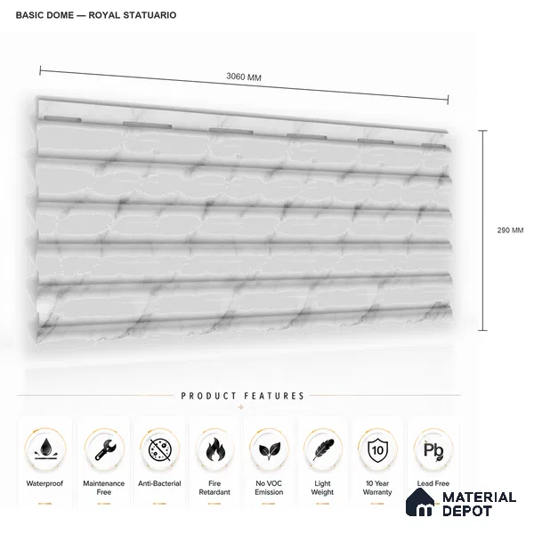 Royal Statuario 10 ft x 0.7 ft (3060x215 mm) Dome Design Interior & Exterior Wall & Ceiling Panel - 20 mm | Suitable for Balcony, Facade & Open Area | Width is Subjected to 5% Variation