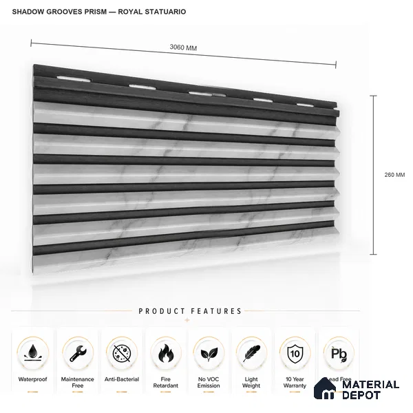Royal Statuario 10 ft x 0.85 ft (3060x260 mm) Prism Dual Tone Design Interior & Exterior Wall & Ceiling Panel - 21 mm | Suitable for Balcony, Facade & Open Area | Width is Subjected to 5% Variation