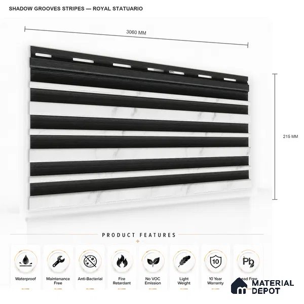 Royal Statuario 10 ft x 0.89 ft (3060x270 mm) Stripes Dual Tone Design Interior & Exterior Wall & Ceiling Panel - 20 mm | Suitable for Balcony, Facade & Open Area | Width is Subjected to 5% Variation