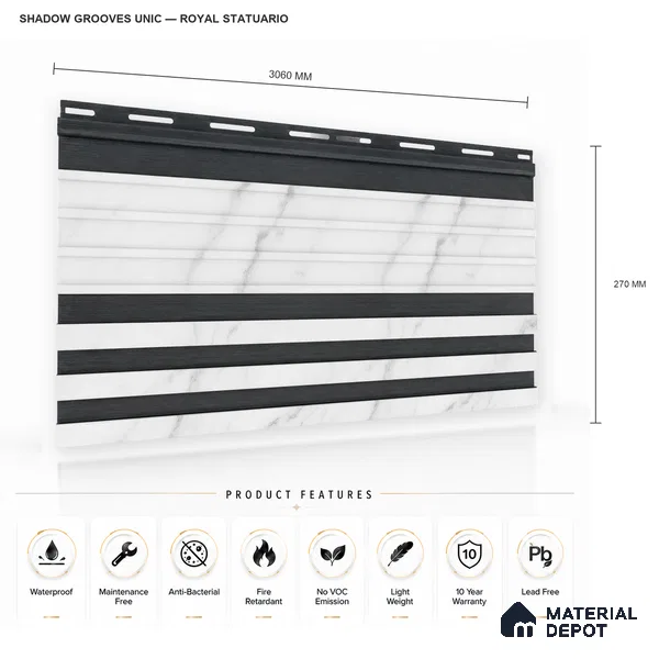 Royal Statuario 10 ft x 0.89 ft (3060x270 mm) Unic Dual Tone Design Interior & Exterior Wall & Ceiling Panel - 15 mm | Suitable for Balcony, Facade & Open Area | Width is Subjected to 5% Variation