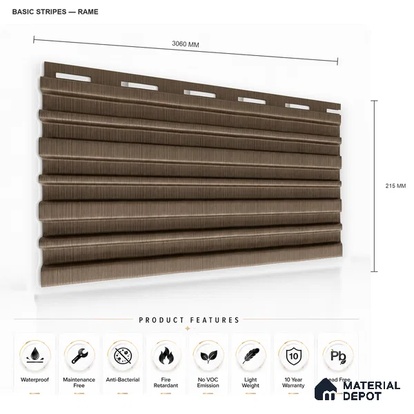 Rame 10 ft x 0.89 ft (3060x270 mm) Stripes Design Interior & Exterior Wall & Ceiling Panel - 20 mm | Suitable for Balcony, Facade & Open Area | Width is Subjected to 5% Variation