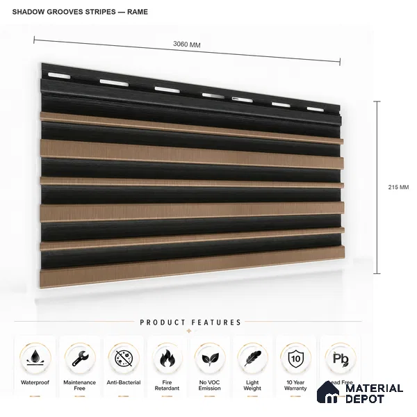 Rame 10 ft x 0.89 ft (3060x270 mm) Stripes Dual Tone Design Interior & Exterior Wall & Ceiling Panel - 20 mm | Suitable for Balcony, Facade & Open Area | Width is Subjected to 5% Variation