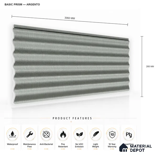Argento 10 ft x 0.85 ft (3060x260 mm) Prism Design Interior & Exterior Wall & Ceiling Panel - 21 mm | Suitable for Balcony, Facade & Open Area | Width is Subjected to 5% Variation