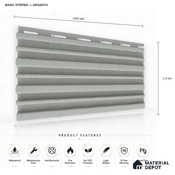 Argento 10 ft x 0.89 ft (3060x270 mm) Stripes Design Interior & Exterior Wall & Ceiling Panel - 20 mm | Suitable for Balcony, Facade & Open Area | Width is Subjected to 5% Variation