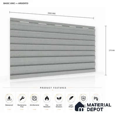 Argento 10 ft x 0.89 ft (3060x270 mm) Unic Design Interior & Exterior Wall & Ceiling Panel - 15 mm | Suitable for Balcony, Facade & Open Area | Width is Subjected to 5% Variation